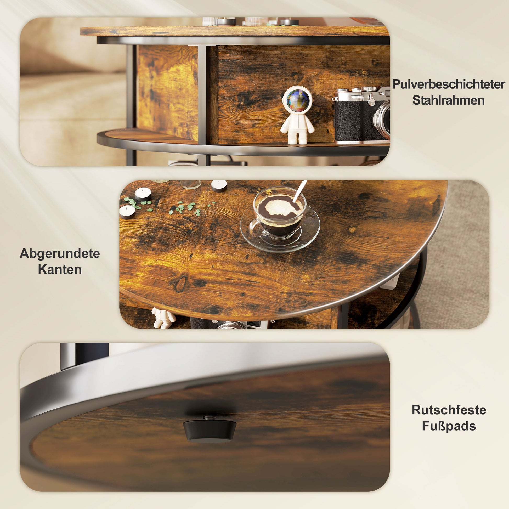 Round Coffee Table Height Adjustable Ø80 cm Living Room Table with Shelf and Hidden Storage Coffee Table Side Table for Living Room, Brown