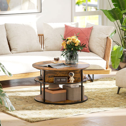 Round Coffee Table Height Adjustable Ø80 cm Living Room Table with Shelf and Hidden Storage Coffee Table Side Table for Living Room, Brown