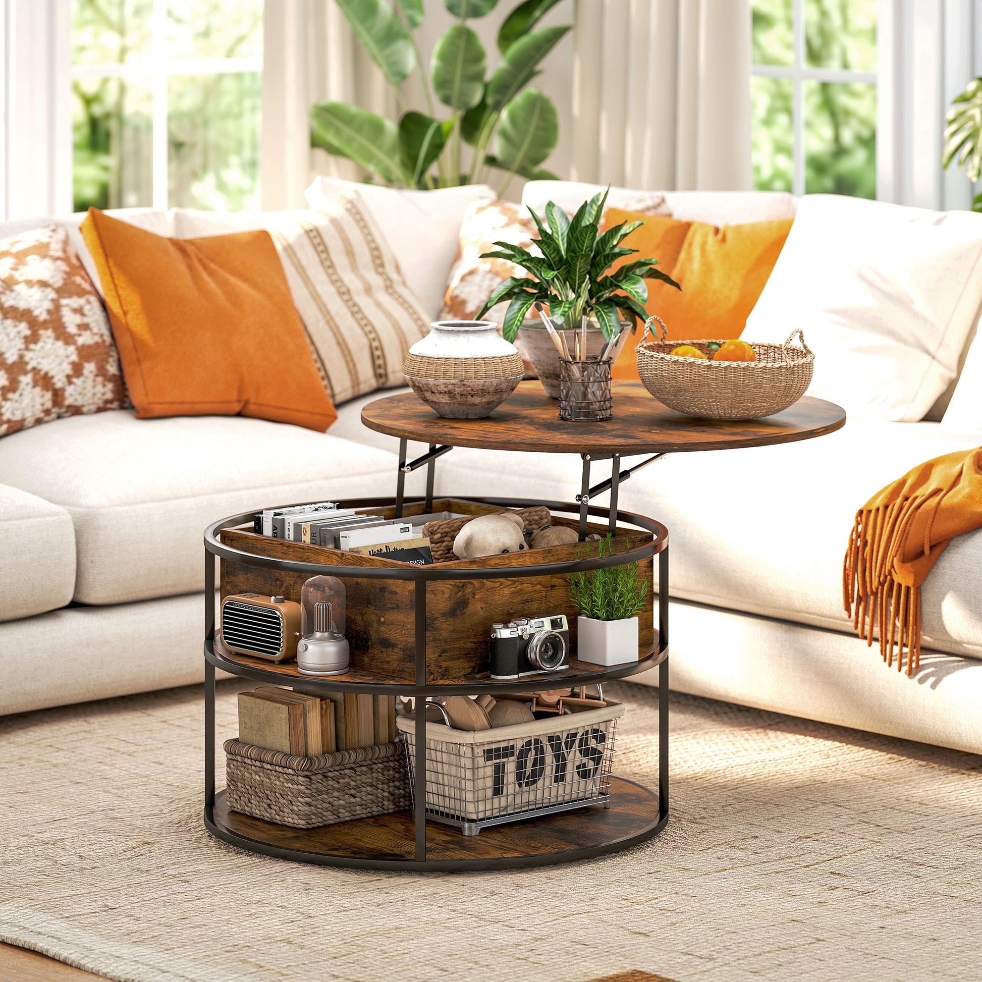Round Coffee Table Height Adjustable Ø80 cm Living Room Table with Shelf and Hidden Storage Coffee Table Side Table for Living Room, Brown