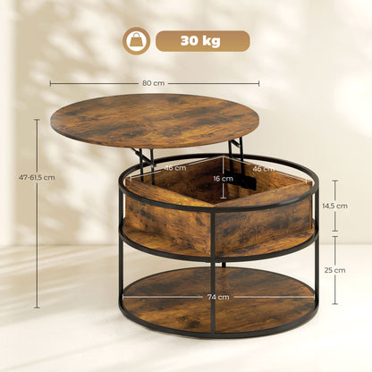Round Coffee Table Height Adjustable Ø80 cm Living Room Table with Shelf and Hidden Storage Coffee Table Side Table for Living Room, Brown