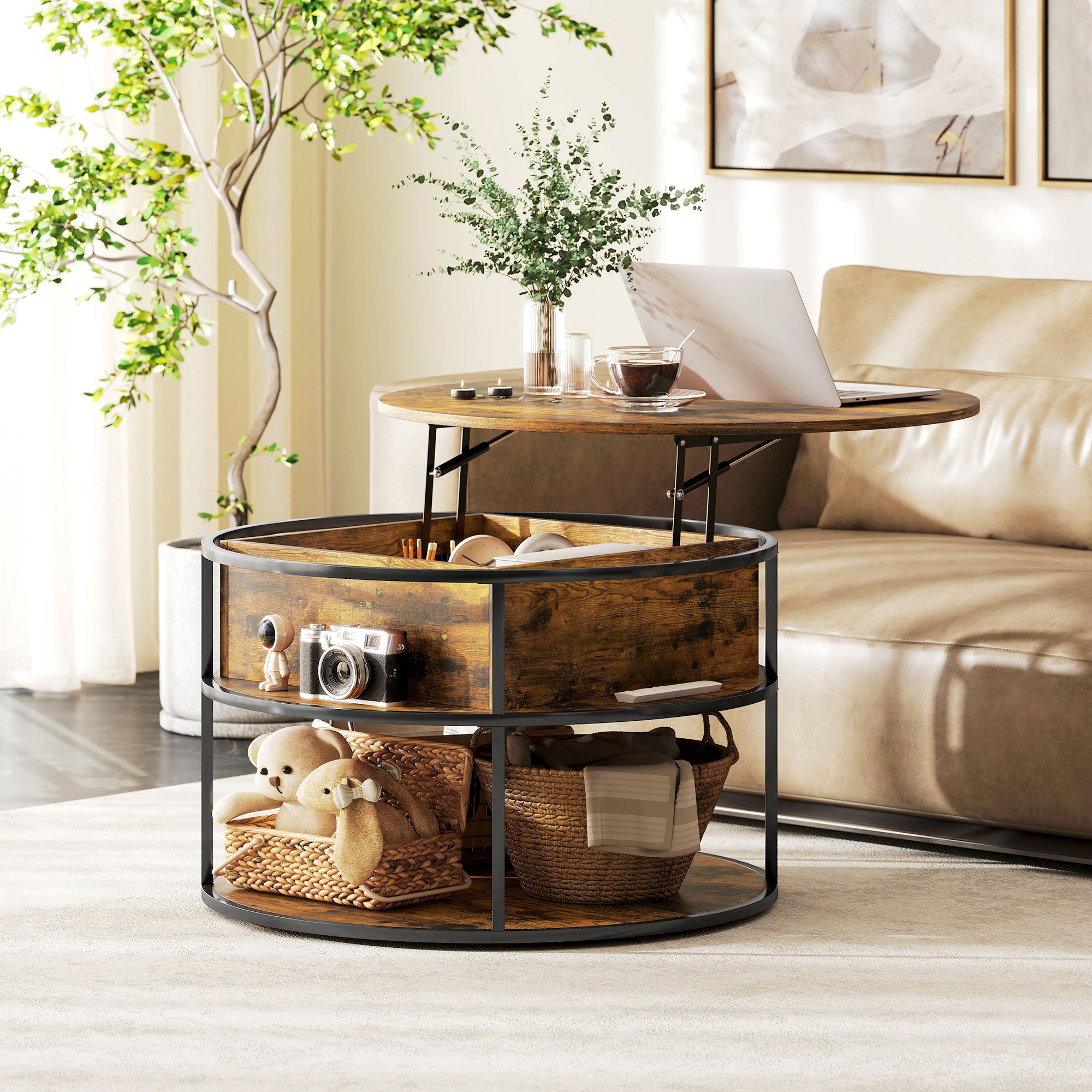 Round Coffee Table Height Adjustable Ø80 cm Living Room Table with Shelf and Hidden Storage Coffee Table Side Table for Living Room, Brown