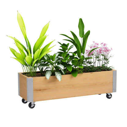 Rectangular Planter on Wheels - Irrigation Inserts, Drainage Felt Included - Solid Wood, Natural Wood Metal