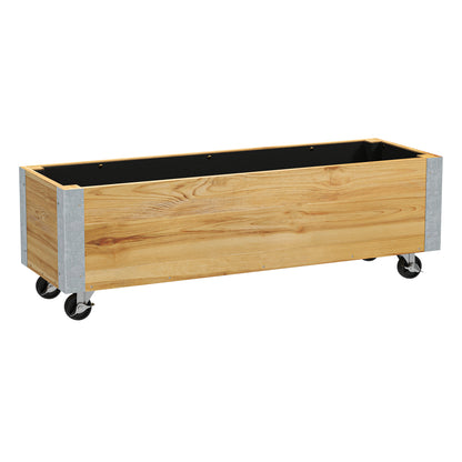 Rectangular Planter on Wheels - Irrigation Inserts, Drainage Felt Included - Solid Wood, Natural Wood Metal