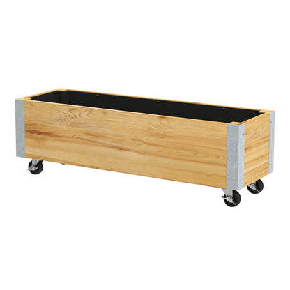 Rectangular Planter on Wheels - Irrigation Inserts, Drainage Felt Included - Solid Wood, Natural Wood Metal
