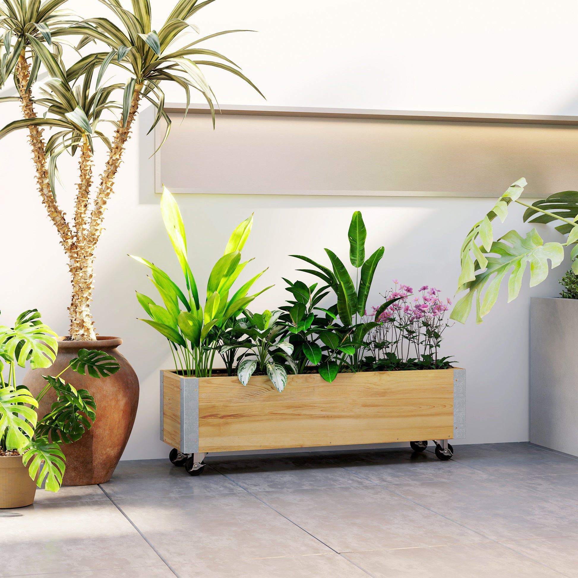 Rectangular Planter on Wheels - Irrigation Inserts, Drainage Felt Included - Solid Wood, Natural Wood Metal