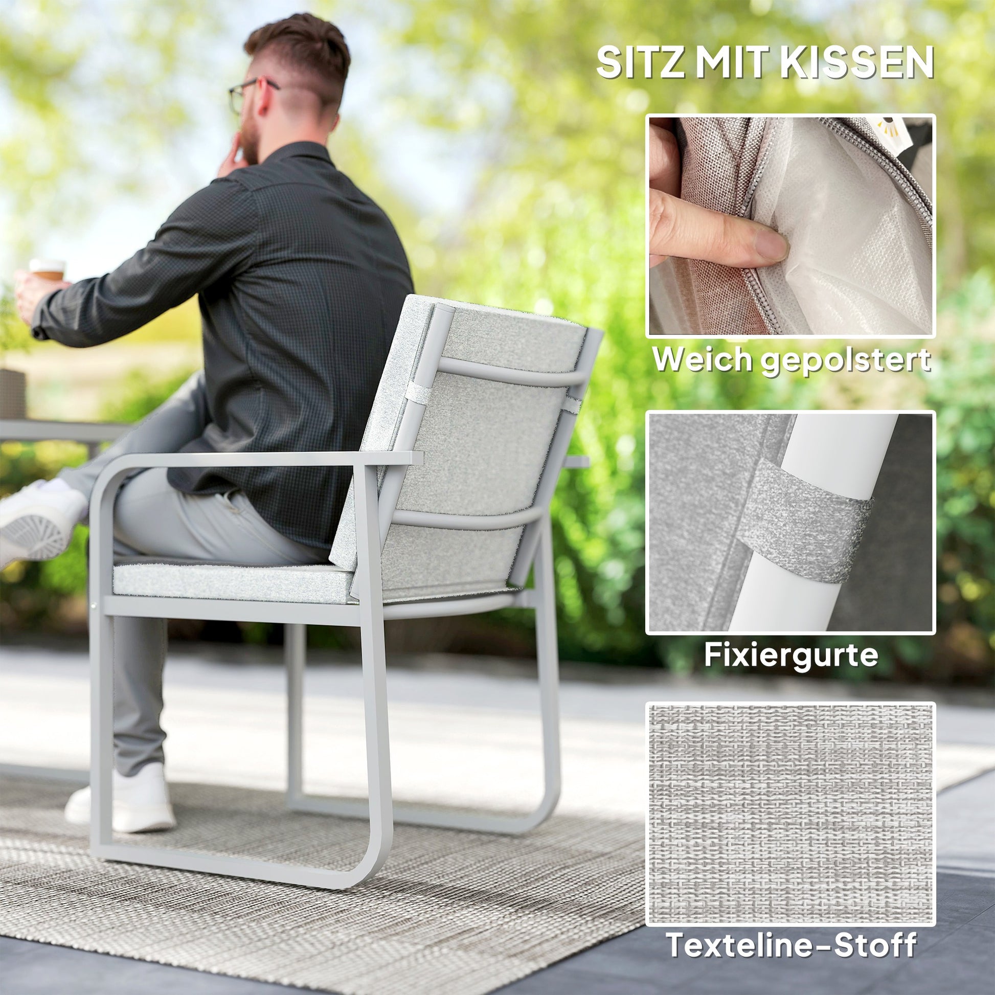 3-Piece Seating Group Dining Set for 2 People Dining Table with 4 Chairs Seat Cushions Dining Room Set with Glass Table Kitchen Table Set Balcony Furniture Patio Furniture for Terrace, Balcony Dining Room Light Grey