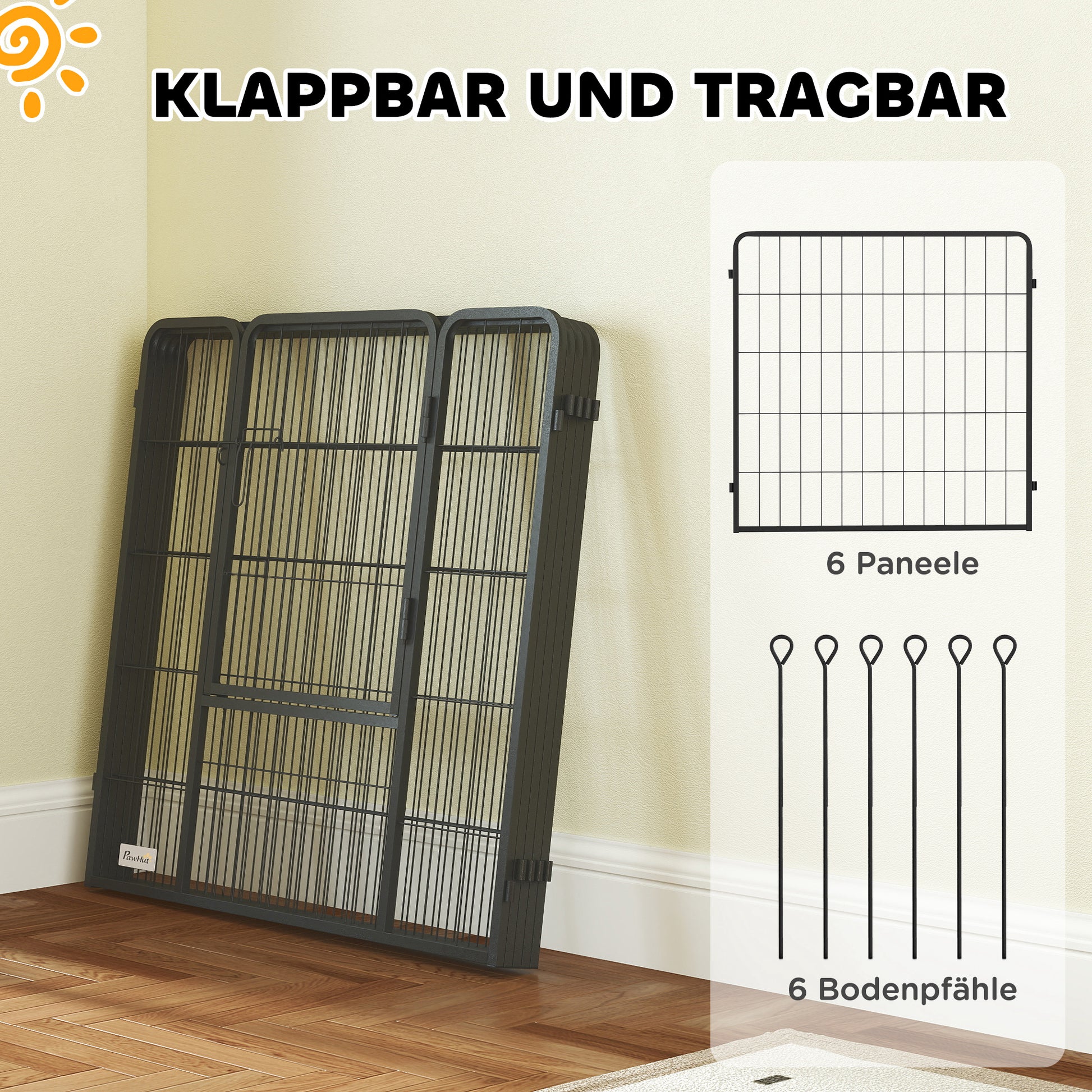 Puppy Playpen 80 cm High, 6-Piece Dog Exercise Pen DIY Puppy Playpen with Door, Freestanding Enclosure for Small to Medium Dogs, Steel, Gray