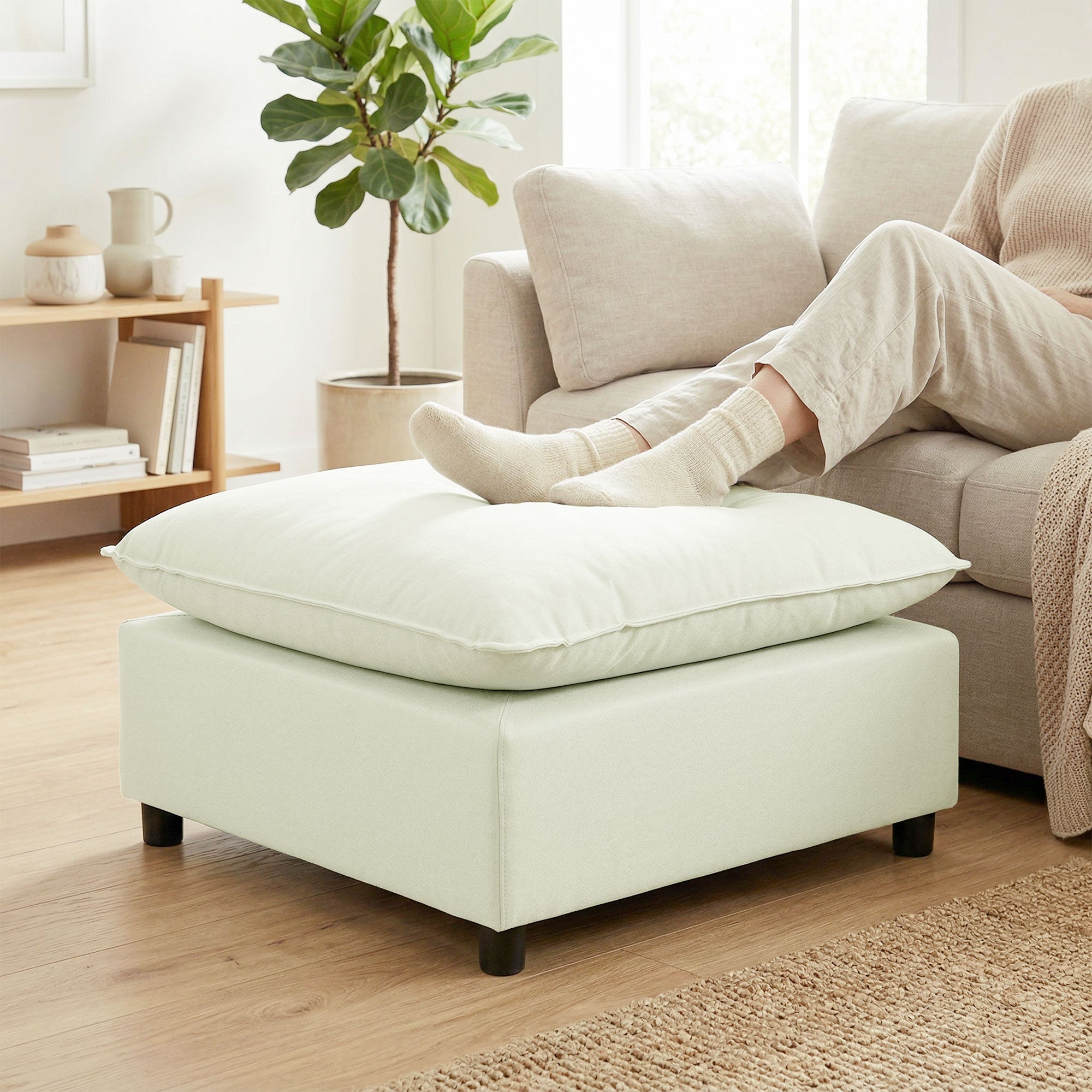 Modular Footstool with Soft Cushion — Square Linen-Effect Ottoman Pouf for Bedroom & Living Room, Cream White