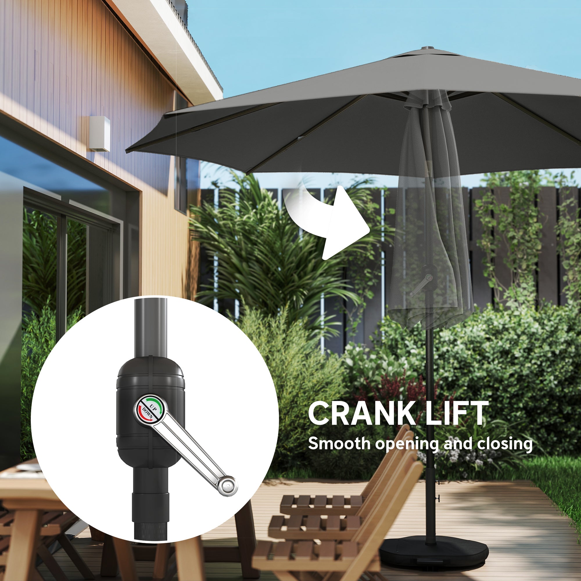 Outdoor Patio Umbrella, 10 ft x 10 ft (3 x 3 m) — Crank, Adjustable Tilt, Retractable Ribs, Metal Base & Sandbag, Dark Gray
