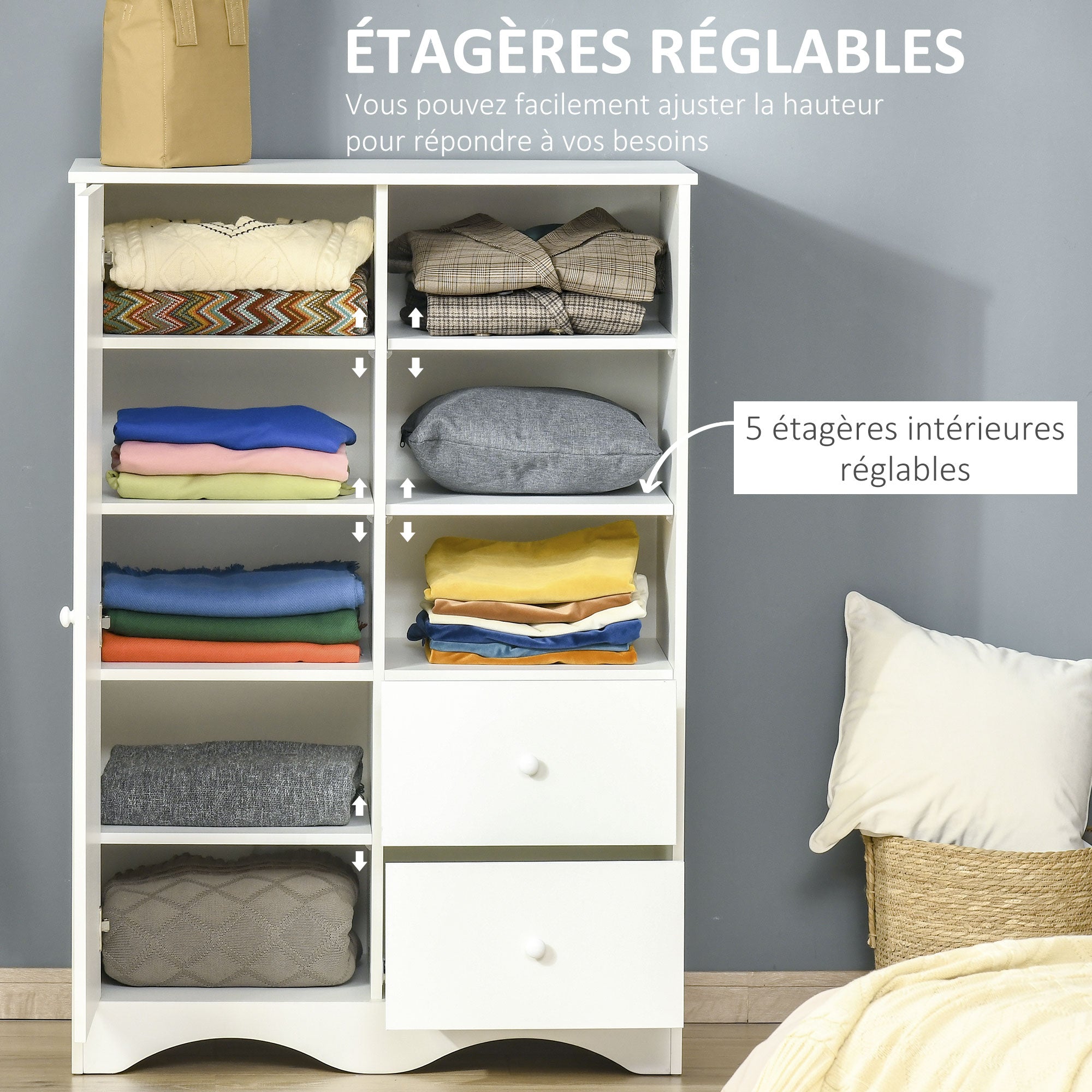 Storage Cabinet with Door and 5 Shelves, 3 Shelves, 2 Drawers, White Storage Furniture for Bedroom, Living Room, Office