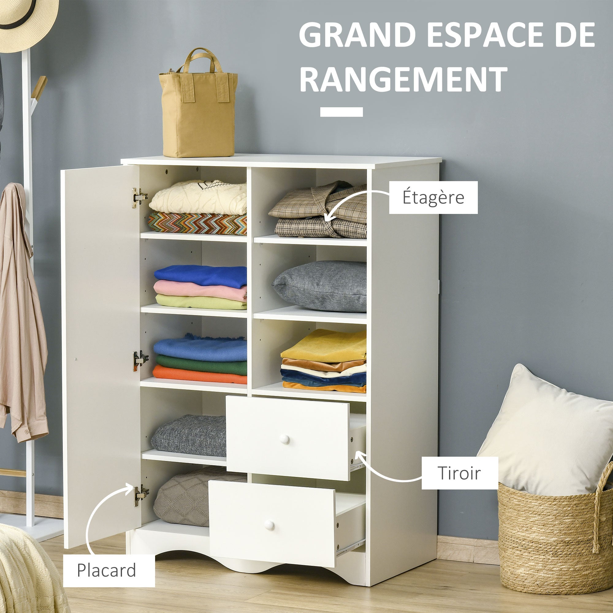 Storage Cabinet with Door and 5 Shelves, 3 Shelves, 2 Drawers, White Storage Furniture for Bedroom, Living Room, Office