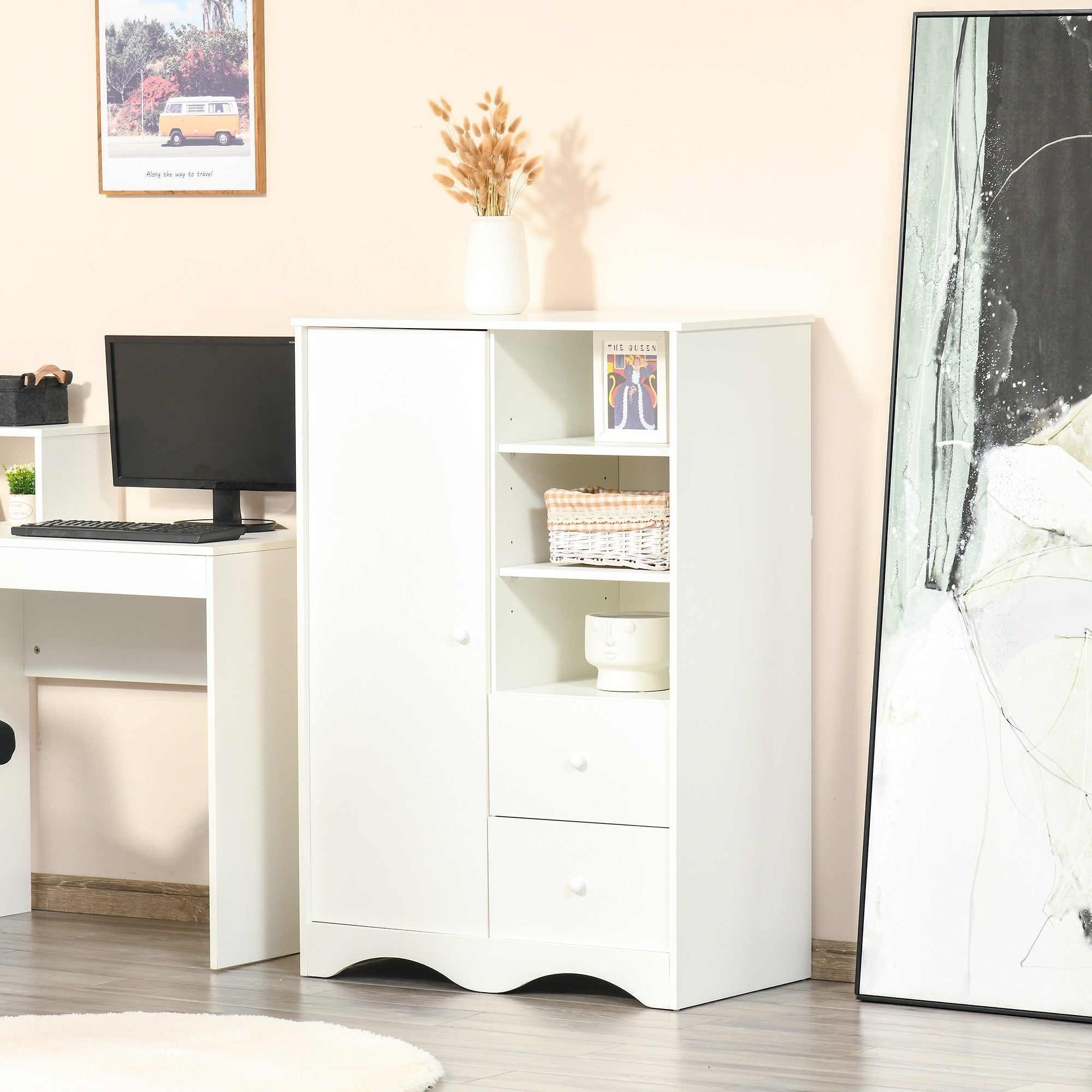 Storage Cabinet with Door and 5 Shelves, 3 Shelves, 2 Drawers, White Storage Furniture for Bedroom, Living Room, Office