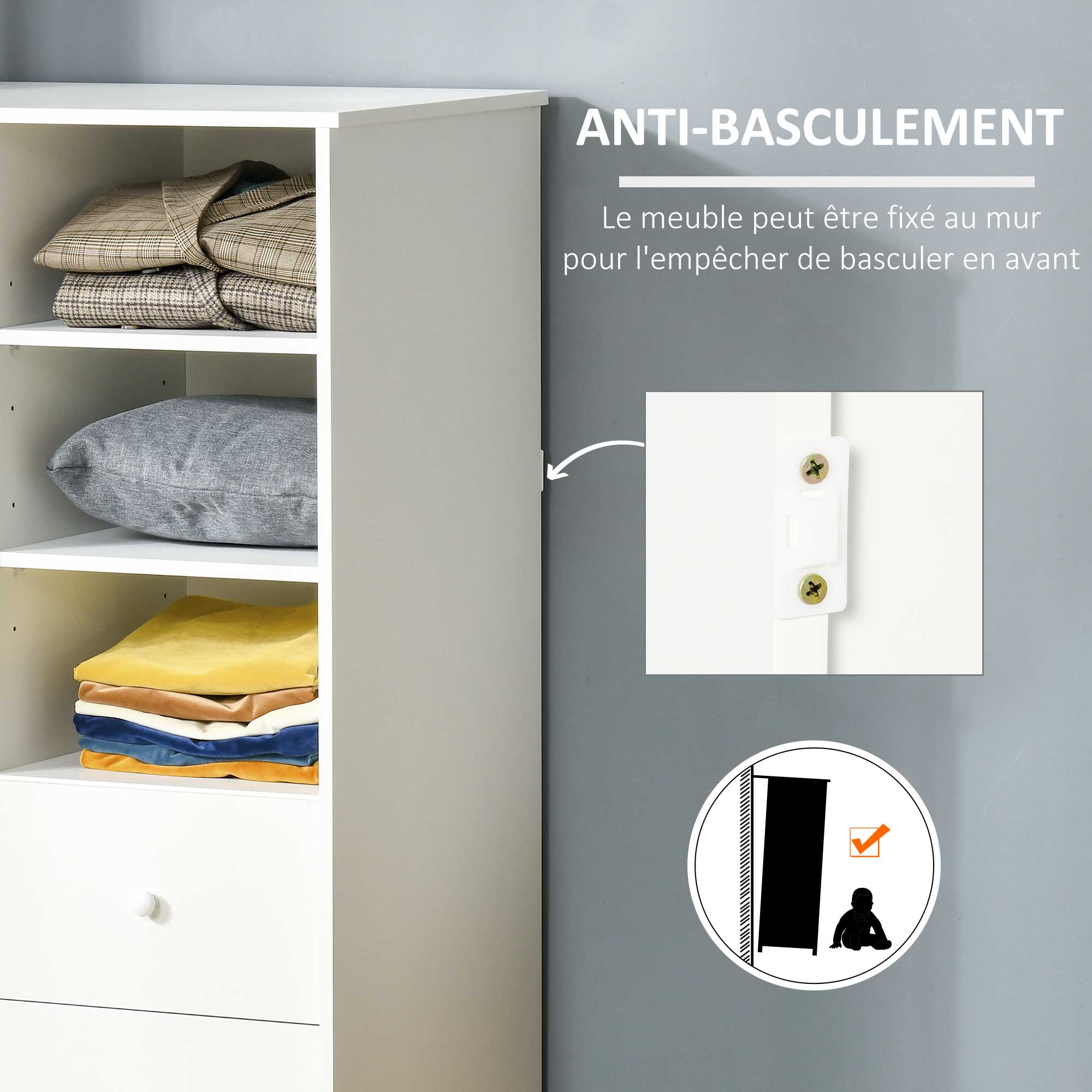Storage Cabinet with Door and 5 Shelves, 3 Shelves, 2 Drawers, White Storage Furniture for Bedroom, Living Room, Office