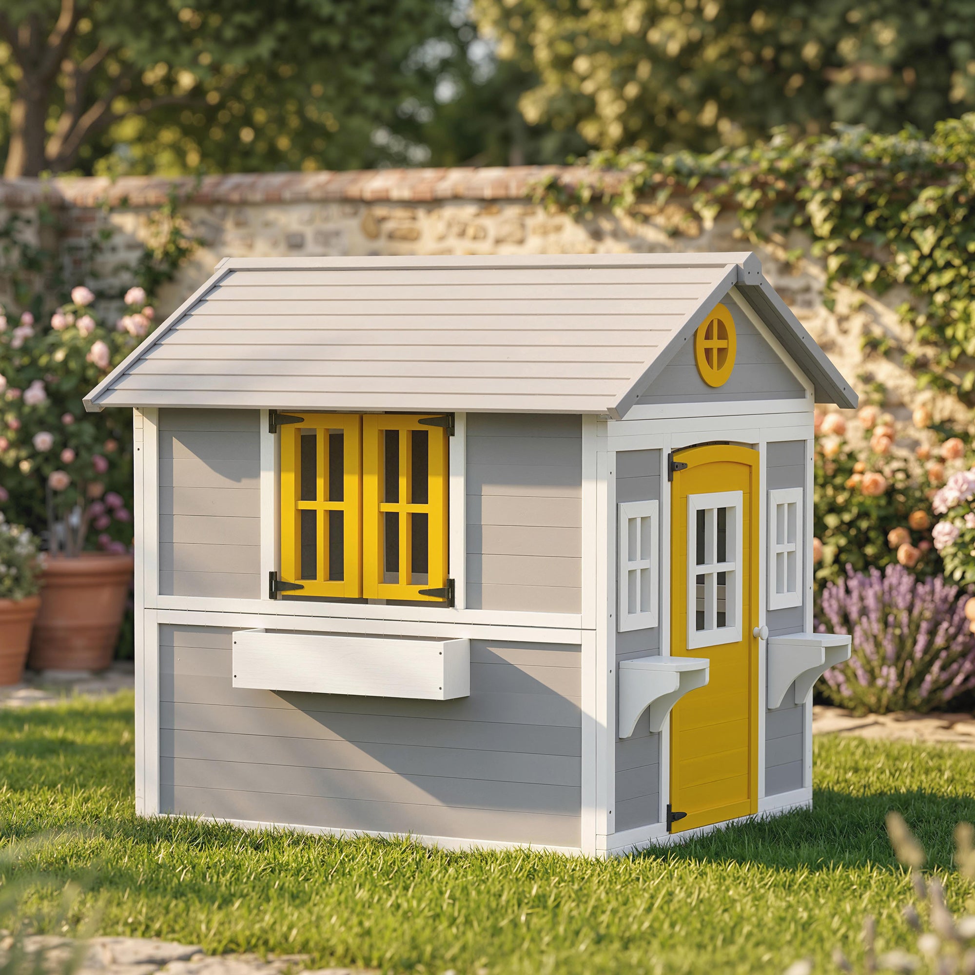 Wooden Indoor/Outdoor Playhouse with Door, Windows, Planters & Shelves — Gray, Ages 3–8