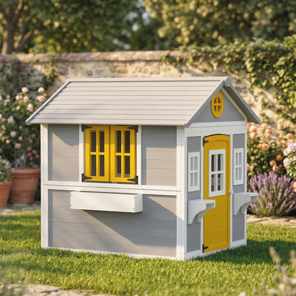 Wooden Indoor/Outdoor Playhouse with Door, Windows, Planters & Shelves — Gray, Ages 3–8