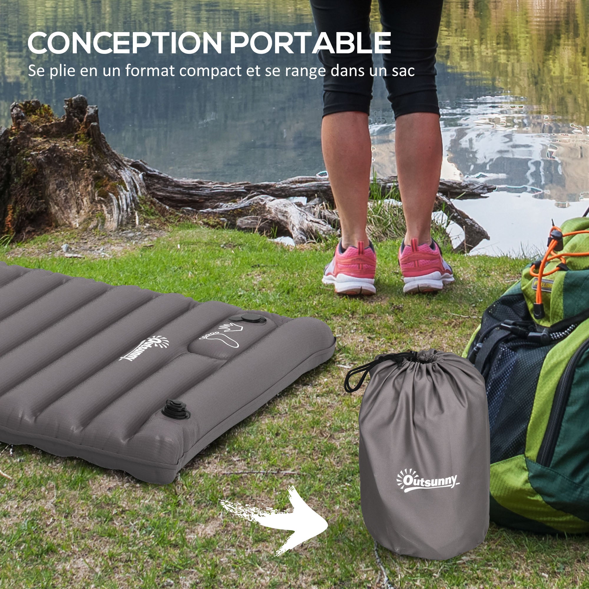 Inflatable Camping Mattress, single air mattress for optimized comfort, 1 person, foldable, with carrying bag, 195 x 70 x 10 cm, gray