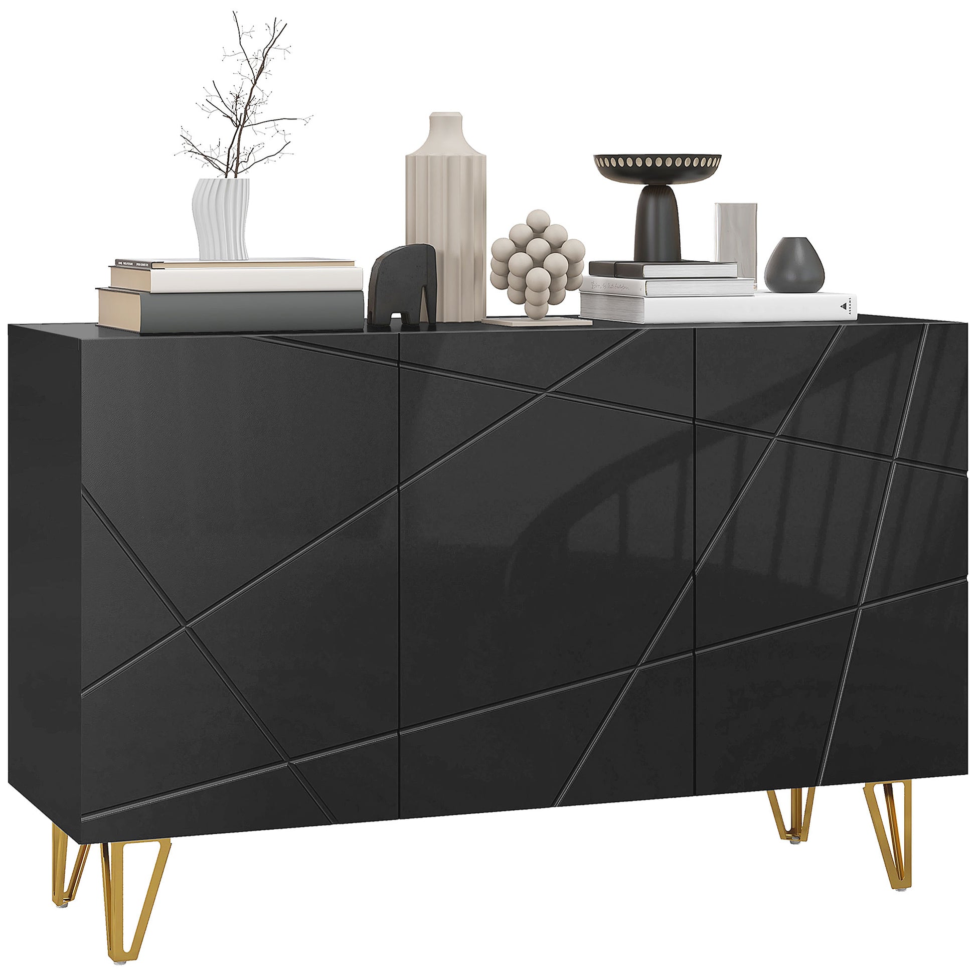 Sideboard for Living Room, Entryway Sideboard with 3 Doors and Adjustable Shelves Storage Cabinet for Kitchen Room 120x40x75 cm Black High Gloss