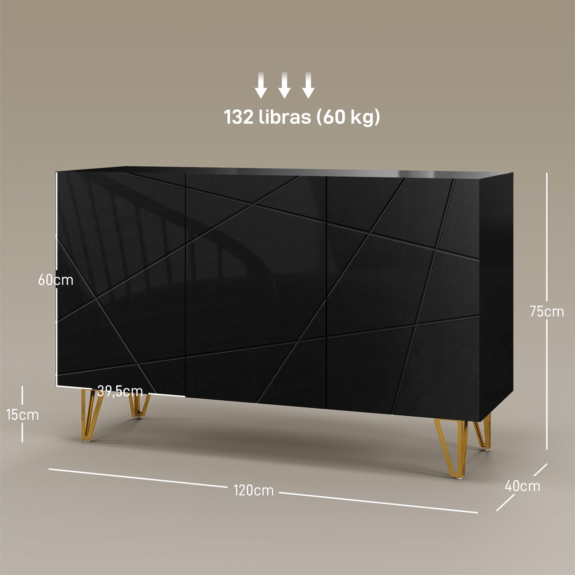 Sideboard for Living Room, Entryway Sideboard with 3 Doors and Adjustable Shelves Storage Cabinet for Kitchen Room 120x40x75 cm Black High Gloss