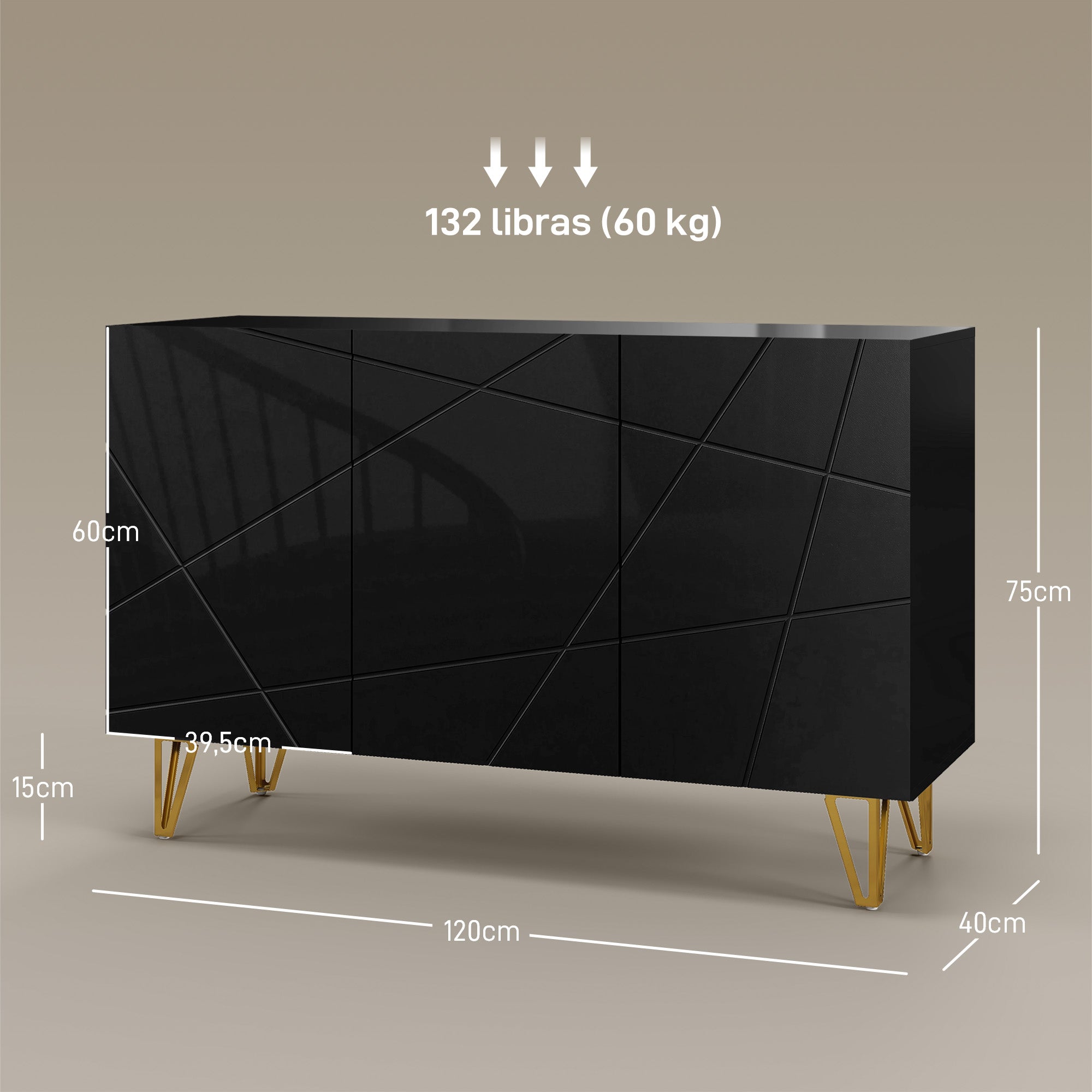 Sideboard for Living Room, Entryway Sideboard with 3 Doors and Adjustable Shelves Storage Cabinet for Kitchen Room 120x40x75 cm Black High Gloss