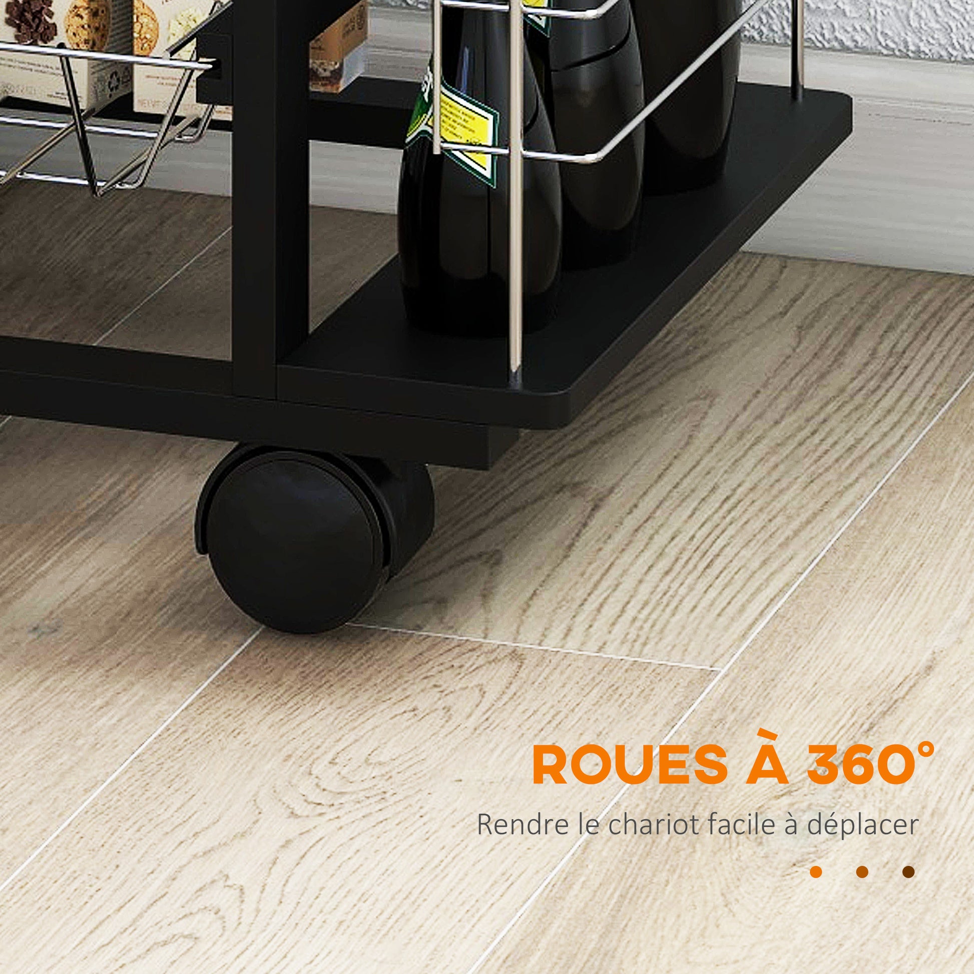 Multi-Storage Kitchen Service Trolley on Wheels with 4 Metal Baskets Drawer + 4 Bottle Racks Black Pine Wood White Tiled Top
