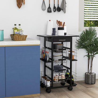Multi-Storage Kitchen Service Trolley on Wheels with 4 Metal Baskets Drawer + 4 Bottle Racks Black Pine Wood White Tiled Top