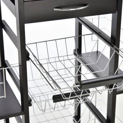 Multi-Storage Kitchen Service Trolley on Wheels with 4 Metal Baskets Drawer + 4 Bottle Racks Black Pine Wood White Tiled Top