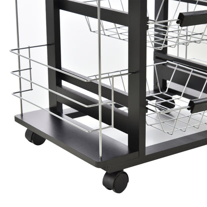 Multi-Storage Kitchen Service Trolley on Wheels with 4 Metal Baskets Drawer + 4 Bottle Racks Black Pine Wood White Tiled Top