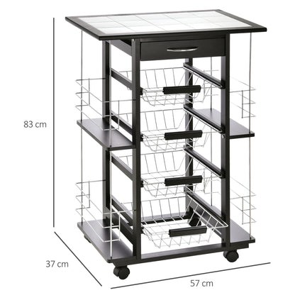Multi-Storage Kitchen Service Trolley on Wheels with 4 Metal Baskets Drawer + 4 Bottle Racks Black Pine Wood White Tiled Top
