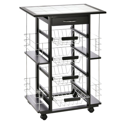 Multi-Storage Kitchen Service Trolley on Wheels with 4 Metal Baskets Drawer + 4 Bottle Racks Black Pine Wood White Tiled Top