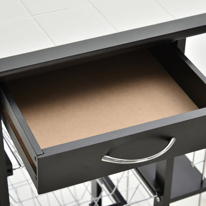 Multi-Storage Kitchen Service Trolley on Wheels with 4 Metal Baskets Drawer + 4 Bottle Racks Black Pine Wood White Tiled Top