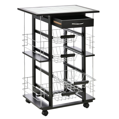 Multi-Storage Kitchen Service Trolley on Wheels with 4 Metal Baskets Drawer + 4 Bottle Racks Black Pine Wood White Tiled Top