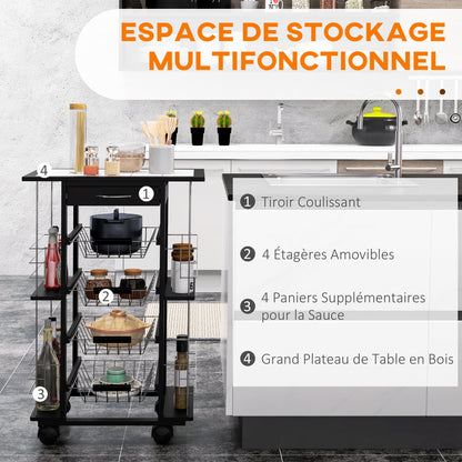 Multi-Storage Kitchen Service Trolley on Wheels with 4 Metal Baskets Drawer + 4 Bottle Racks Black Pine Wood White Tiled Top