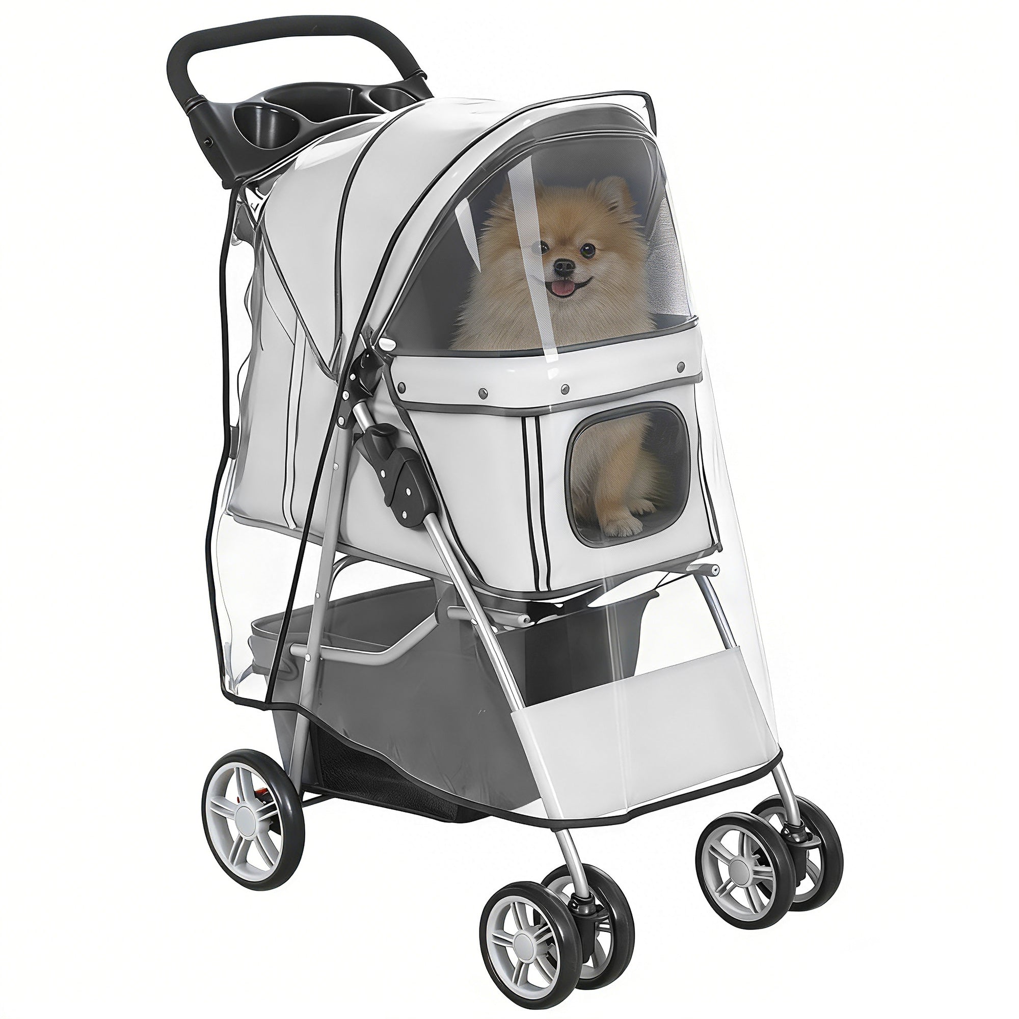 Foldable Pet Stroller Buggy — Waterproof, Rain Cover Included, Cup Holder & Storage Basket, Wheels with Brake, 600D Oxford, Steel Frame — Gray