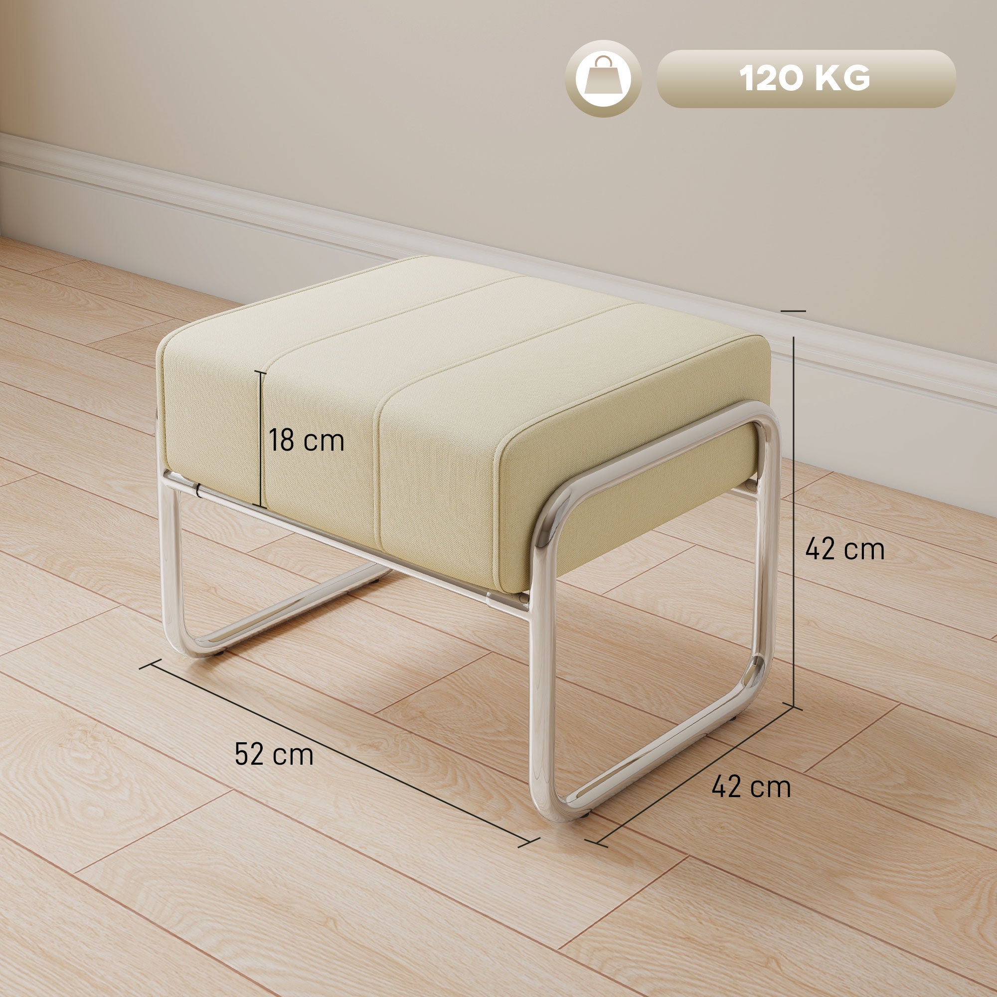 Thick Padded Footstool with Steel Legs, Chenille Upholstery for Bedroom & Living Room, Beige