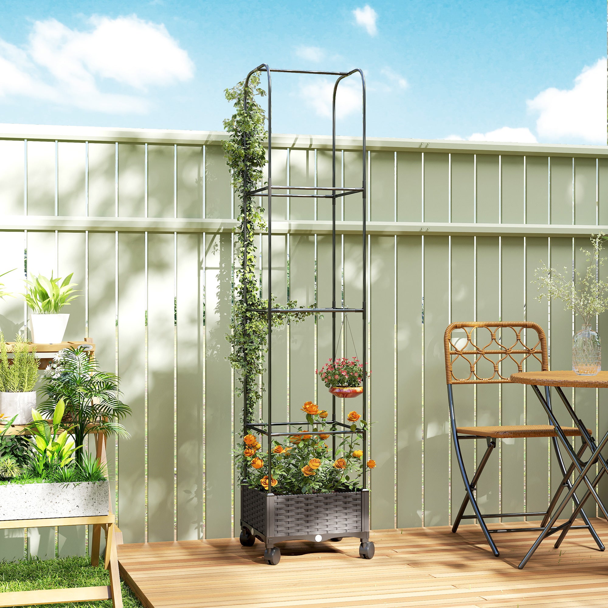 Raised Planter with Trellis, Mobile Planter on Wheels with Drain Hole, Plastic Trough for Climbing Plants, 15.7 x 15.7 x 72.8 in