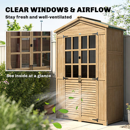 Pine Garden Shed with Shelves & Acrylic Windows, Sloped Asphalt Roof, Lockable Doors — 128 x 57.5 x 197 cm (50.4 x 22.6 x 77.6 in), Light Brown