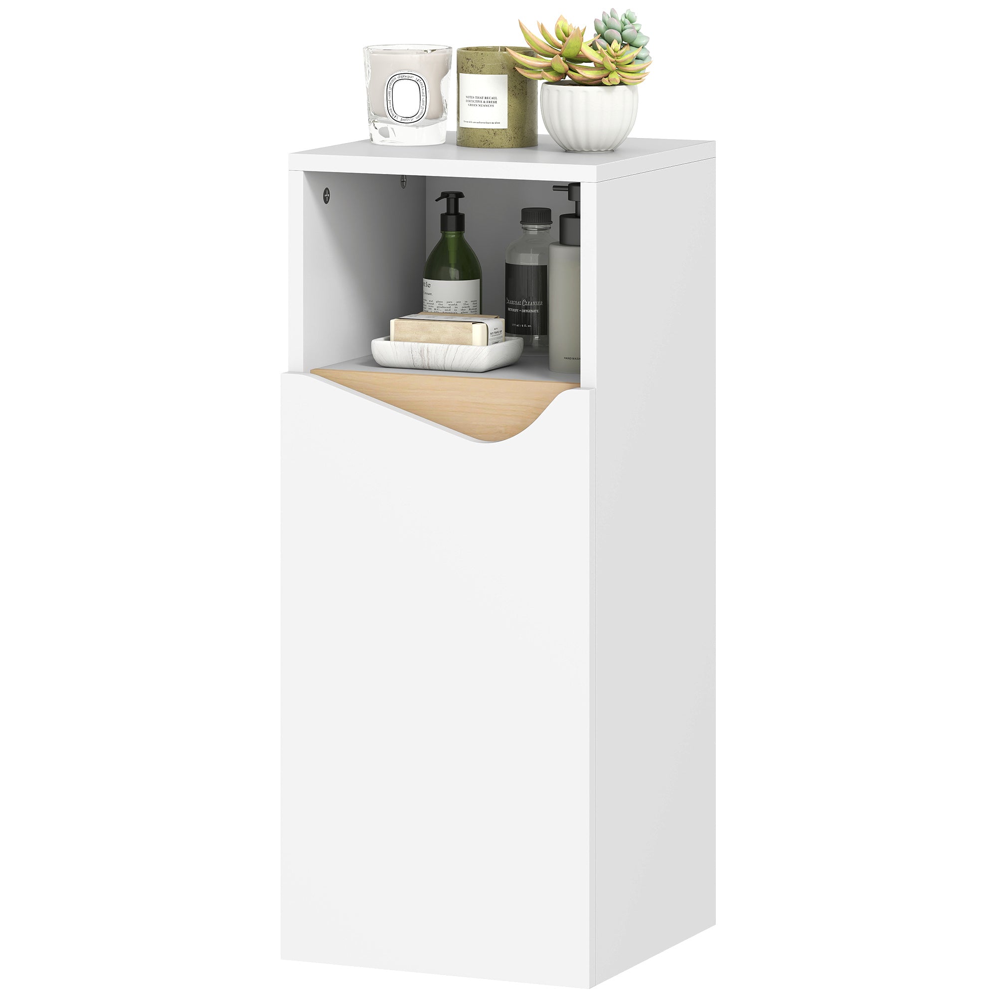 Narrow Bathroom Cabinet with Adjustable Shelves & Open Cubby, Soft‑Close Door — 11.8 x 11.8 x 28.1 in, White/Natural