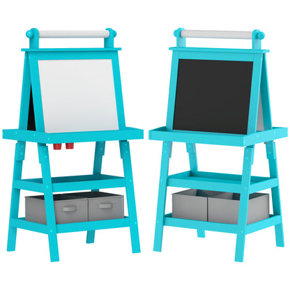 Children's Double-Sided Wipeable Chalkboard with Paper Roll and 2 Storage Containers, Magnetic Whiteboard, Black with Wooden Art Easel for Painting and Gift, 3-6 Years, Blue