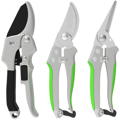 Set of 3 Garden Pruners, Cutting Kit for Gardening, Anvil Pruner, Bypass Pruner, Pruning Shears, with Sharp Metal Blade, Aluminum Handles, Silver, Black