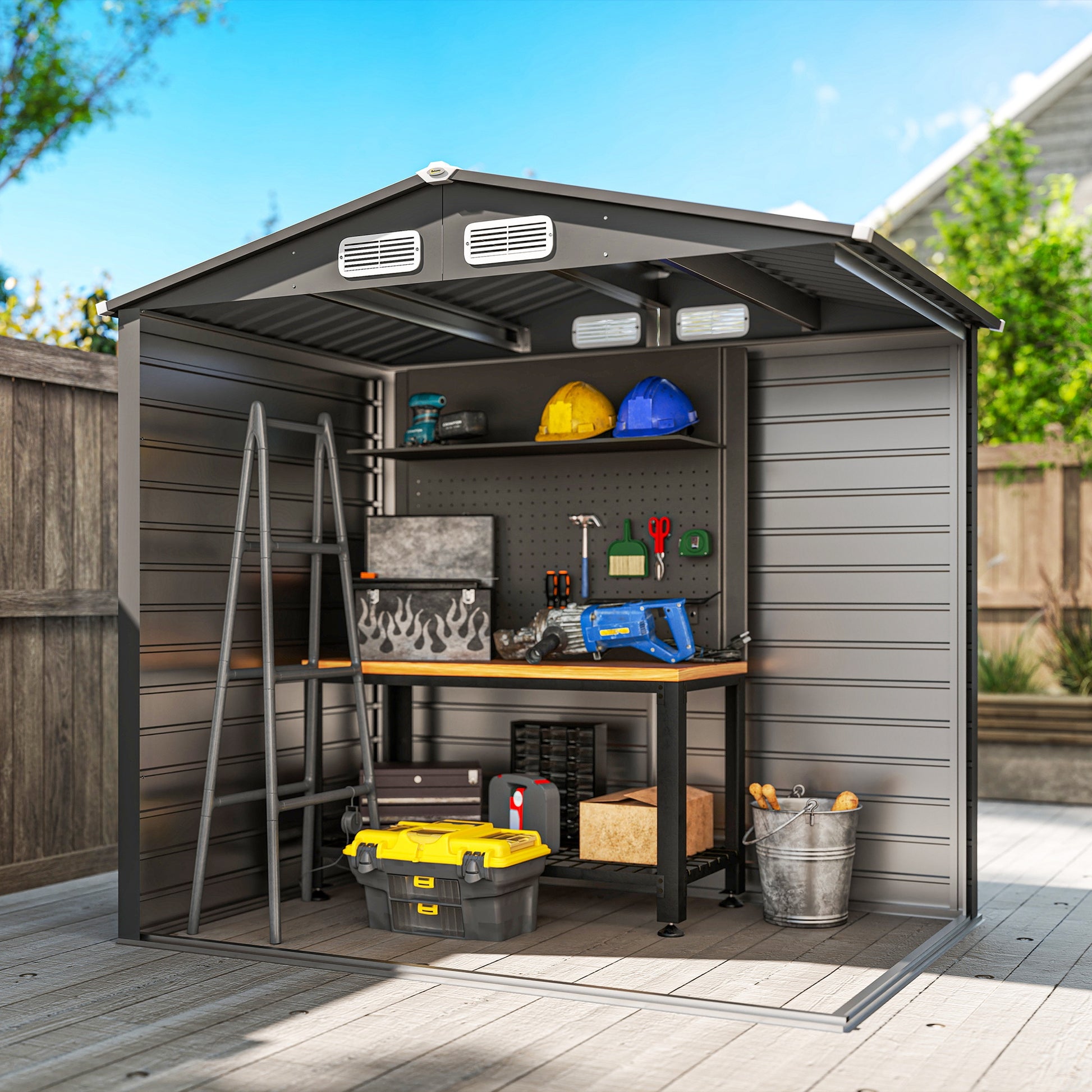 Metal Garden Shed 2.27m², Easy to Assemble, Enhanced Galvanized Steel Structure, Outdoor Tool Shed, 2-Sloped Roof with Vents, Gloves and Padlock Included, 190x131x188cm, Gray