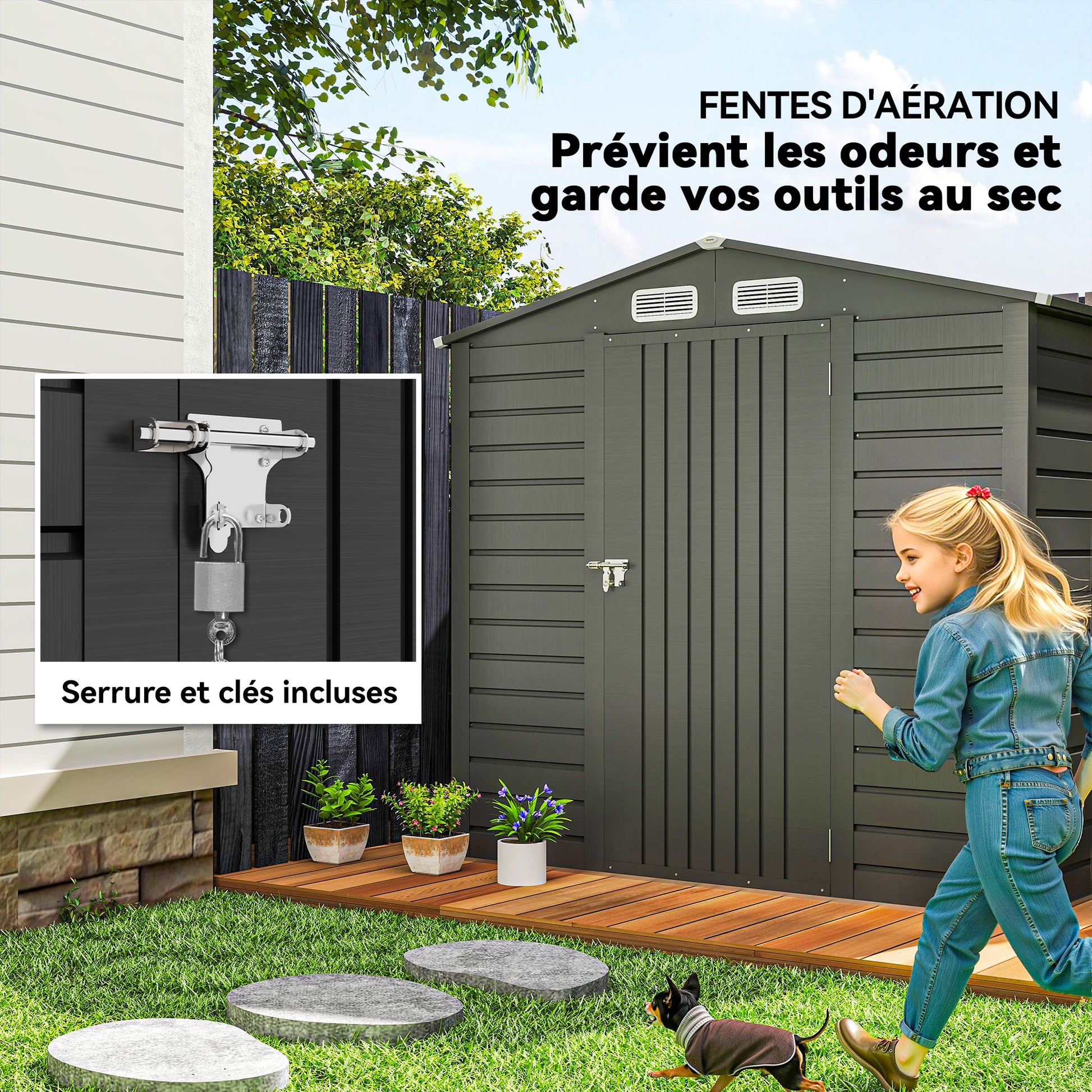 Metal Garden Shed 2.27m², Easy to Assemble, Enhanced Galvanized Steel Structure, Outdoor Tool Shed, 2-Sloped Roof with Vents, Gloves and Padlock Included, 190x131x188cm, Gray