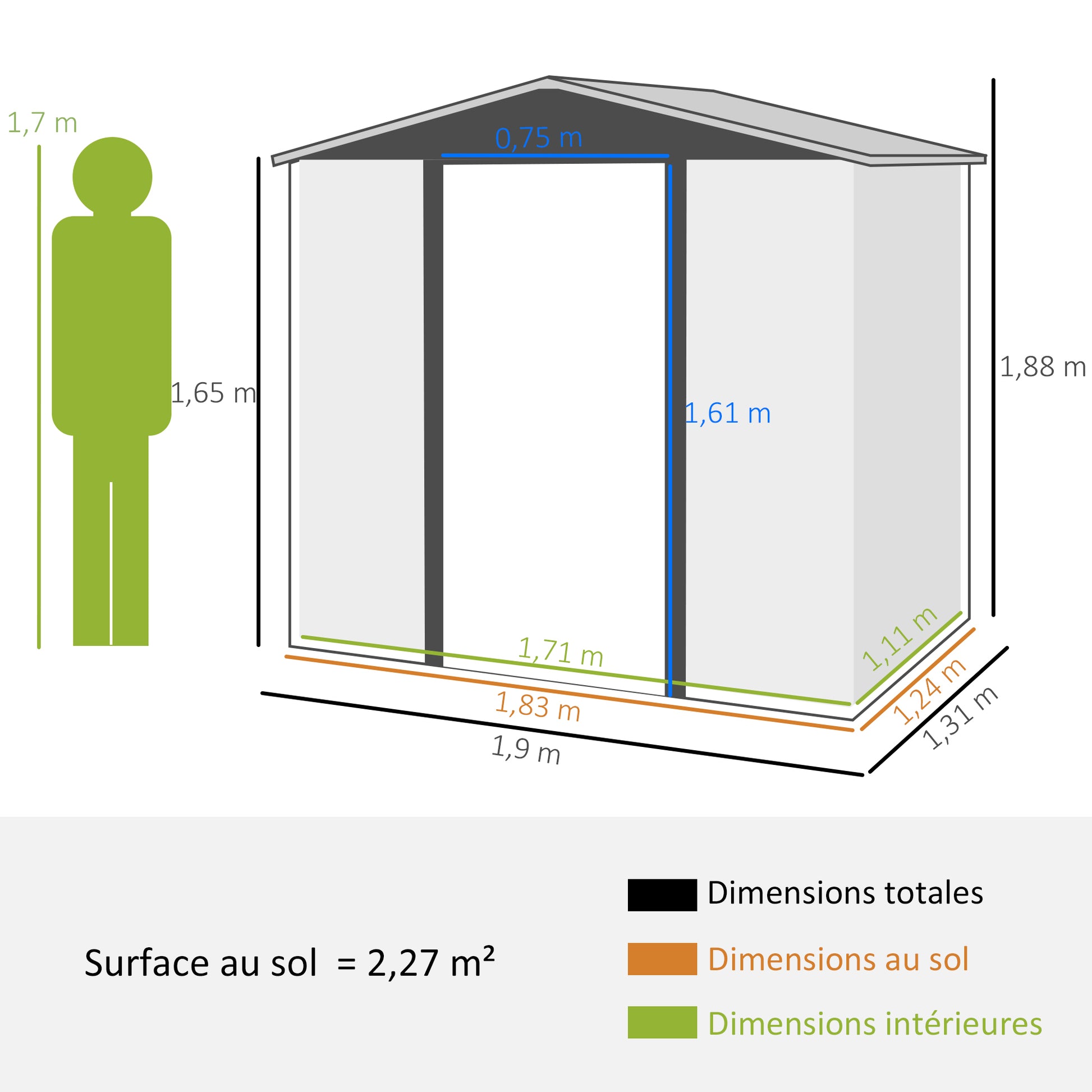 Metal Garden Shed 2.27m², Easy to Assemble, Enhanced Galvanized Steel Structure, Outdoor Tool Shed, 2-Sloped Roof with Vents, Gloves and Padlock Included, 190x131x188cm, Gray