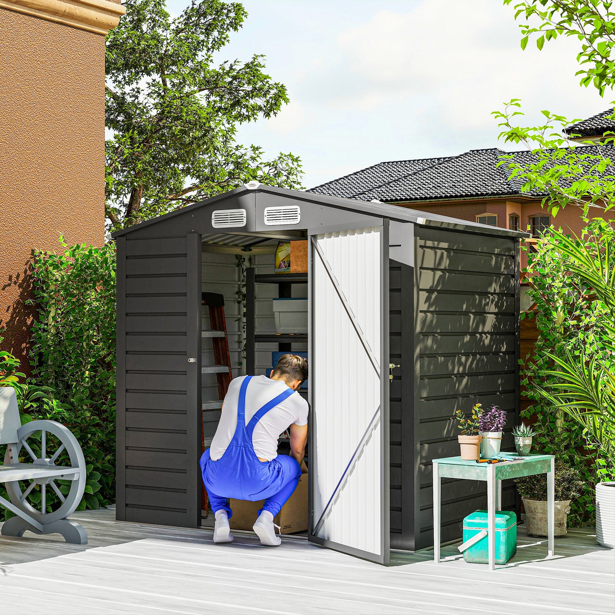 Metal Garden Shed 2.27m², Easy to Assemble, Enhanced Galvanized Steel Structure, Outdoor Tool Shed, 2-Sloped Roof with Vents, Gloves and Padlock Included, 190x131x188cm, Gray