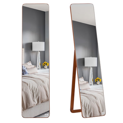 Full Length Rectangular Floor Mirror Wall Mirror with 2 Installation Options Pine Wood Frame Modern for Hallway Bedroom Living Room 37x43x156 cm Walnut