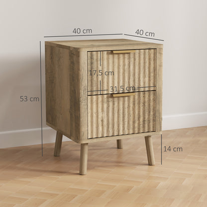 Set of 2 Bedside Tables Nightstand with 2 Fluted Drawers and Rounded Edges, for Bedroom, Living Room, 40 x 40 x 53 cm, Oak