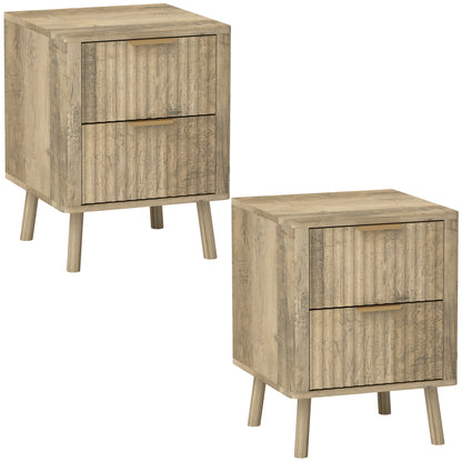 Set of 2 Bedside Tables Nightstand with 2 Fluted Drawers and Rounded Edges, for Bedroom, Living Room, 40 x 40 x 53 cm, Oak