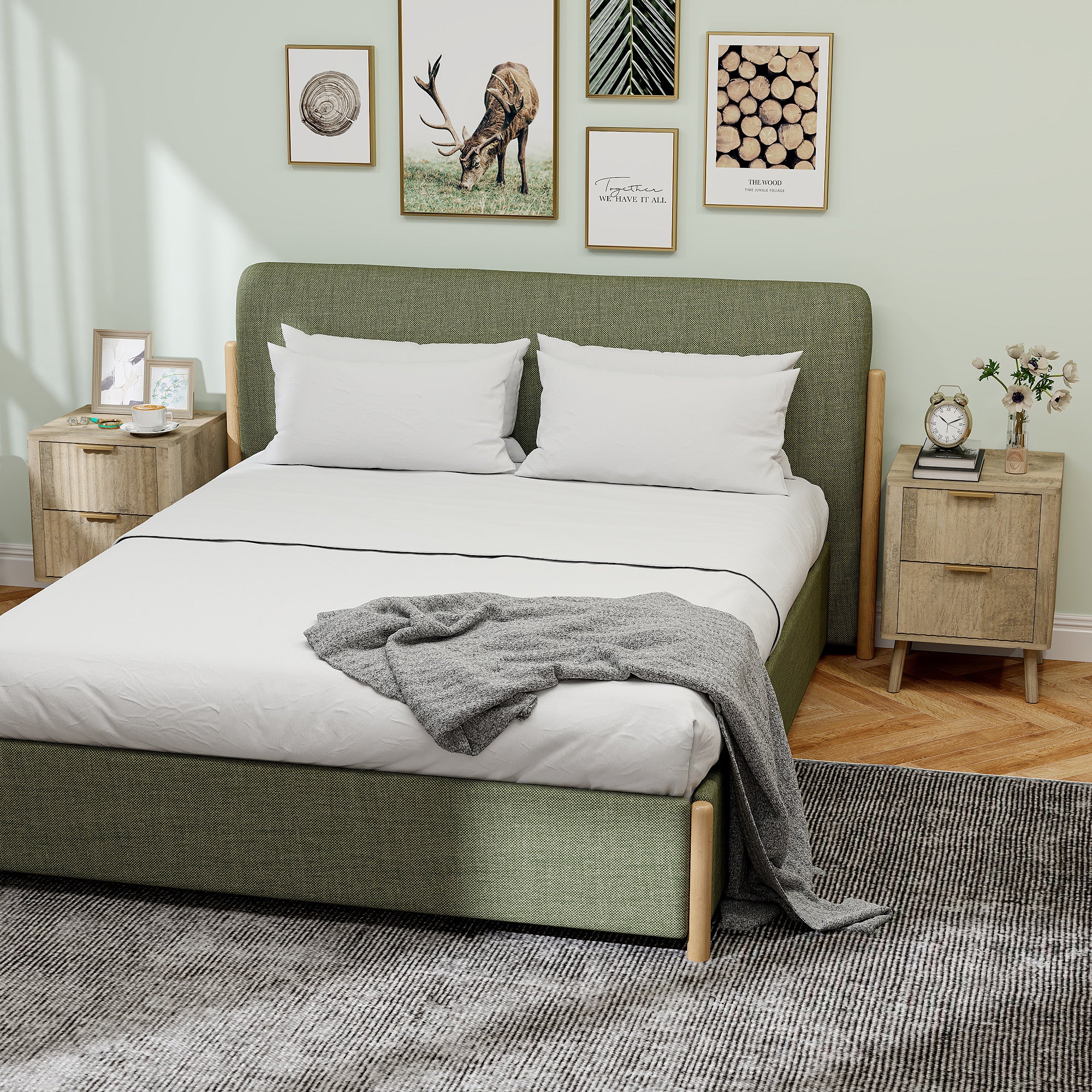 Set of 2 Bedside Tables Nightstand with 2 Fluted Drawers and Rounded Edges, for Bedroom, Living Room, 40 x 40 x 53 cm, Oak