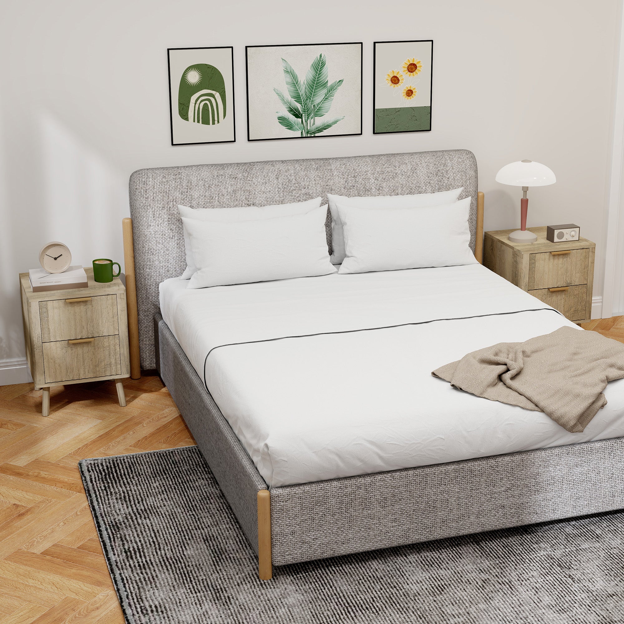 Set of 2 Bedside Tables Nightstand with 2 Fluted Drawers and Rounded Edges, for Bedroom, Living Room, 40 x 40 x 53 cm, Oak