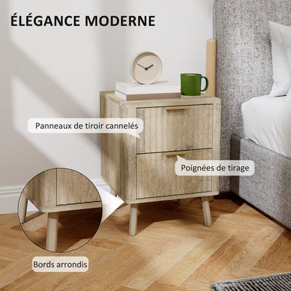 Set of 2 Bedside Tables Nightstand with 2 Fluted Drawers and Rounded Edges, for Bedroom, Living Room, 40 x 40 x 53 cm, Oak