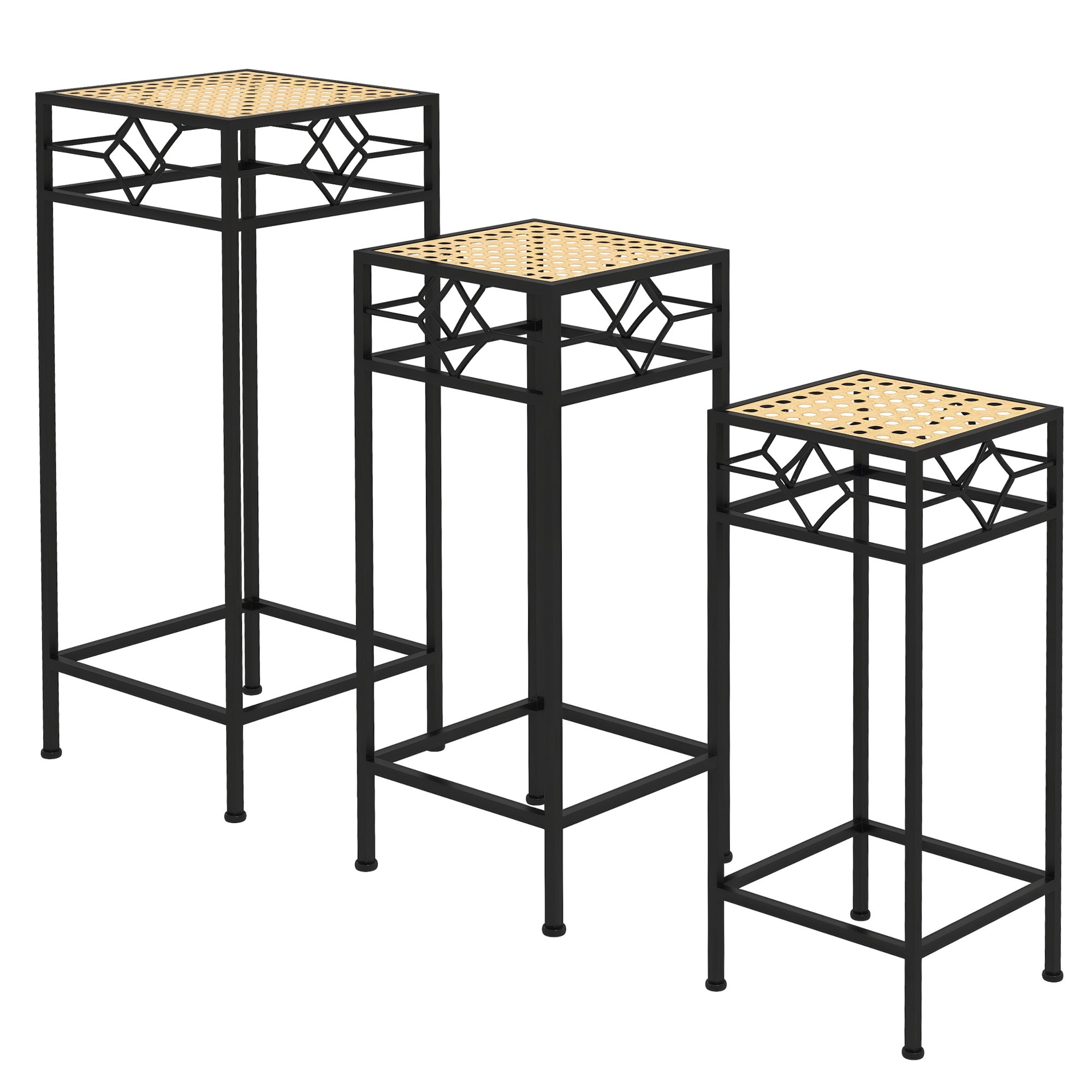 3-Piece Plant Stand Stackable Flower Stool Flower Pot Holder with Rattan Look Plant Stool for Garden Balcony Metal Gold